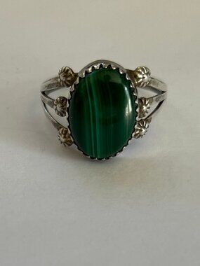 Vintage Sterling Silver Oval Malachite Ring Flowers Sz 9 Ornate Statement